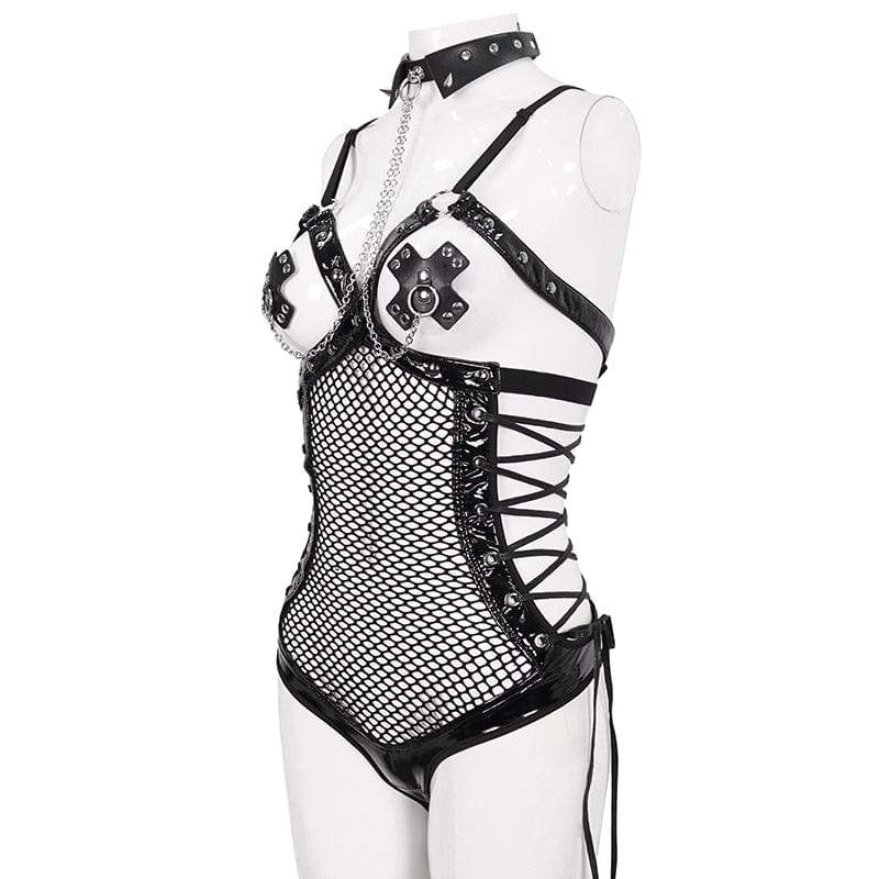 DEVIL FASHION Women's Gothic Studded Mesh Splice Patent Leather Bodysuit
