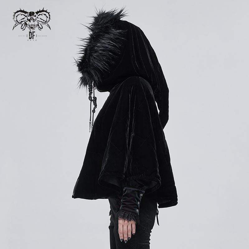 DEVIL FASHION Women's Gothic Zipper Velvet Cloak with Witch Hood