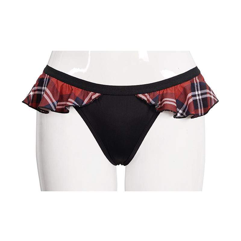 Women's Grunge Black Cheeky Bikini Bottoms with Scottish Check Ruffles