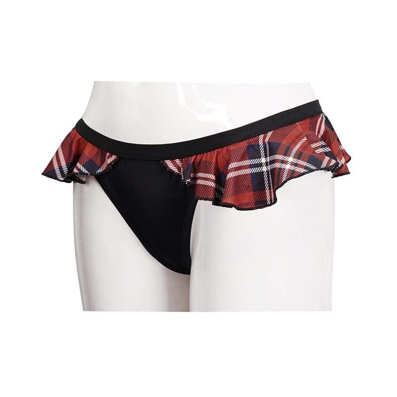 Women's Grunge Black Cheeky Bikini Bottoms with Scottish Check Ruffles