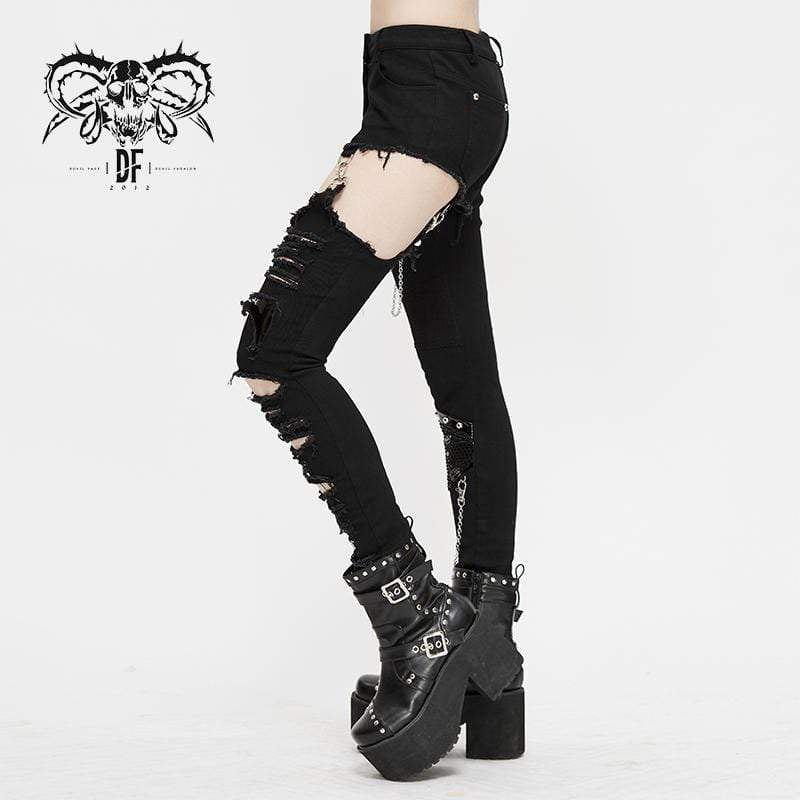 Women's Grunge Cutout Ripped Pants With Rivets And Chains