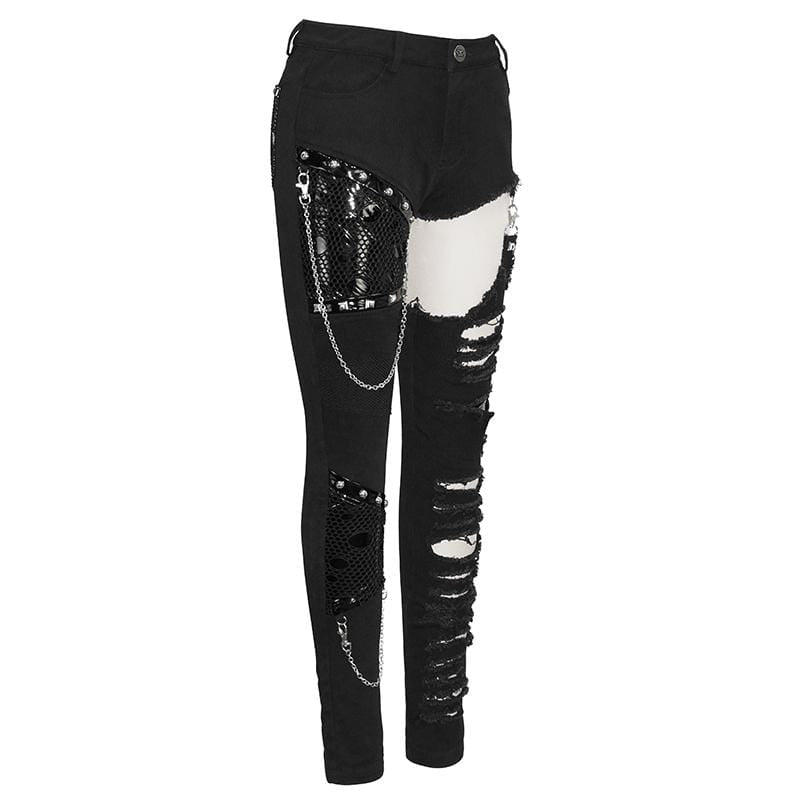 Women's Grunge Cutout Ripped Pants With Rivets And Chains
