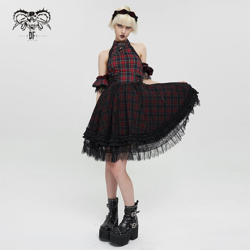 DEVIL FASHION Women's Grunge Off Shoulder Cheongsam Collar Plaid Dress