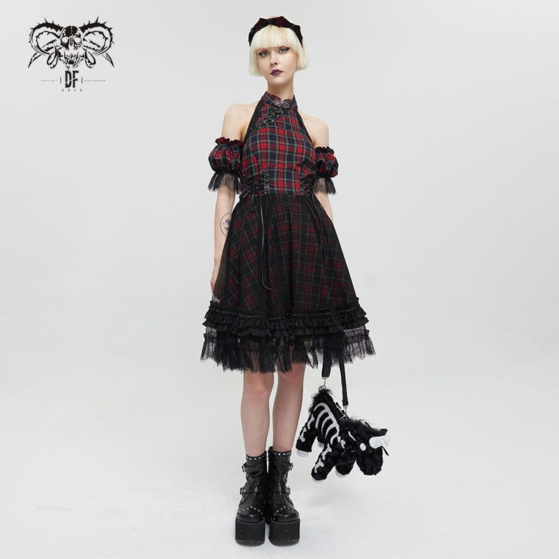 DEVIL FASHION Women's Grunge Off Shoulder Cheongsam Collar Plaid Dress