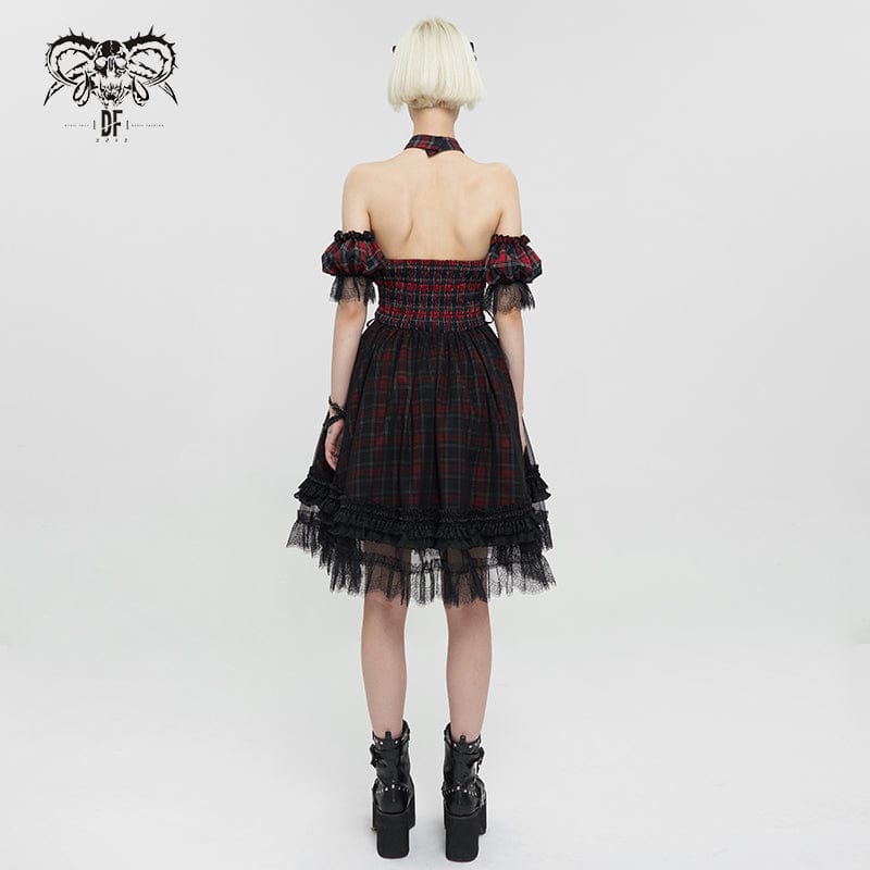 DEVIL FASHION Women's Grunge Off Shoulder Cheongsam Collar Plaid Dress