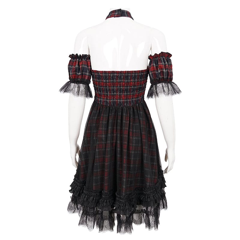 DEVIL FASHION Women's Grunge Off Shoulder Cheongsam Collar Plaid Dress