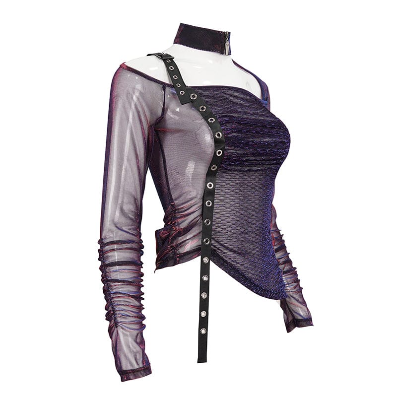 DEVIL FASHION Women's Grunge Slash Shoulder Chromatic Sheer Shirt