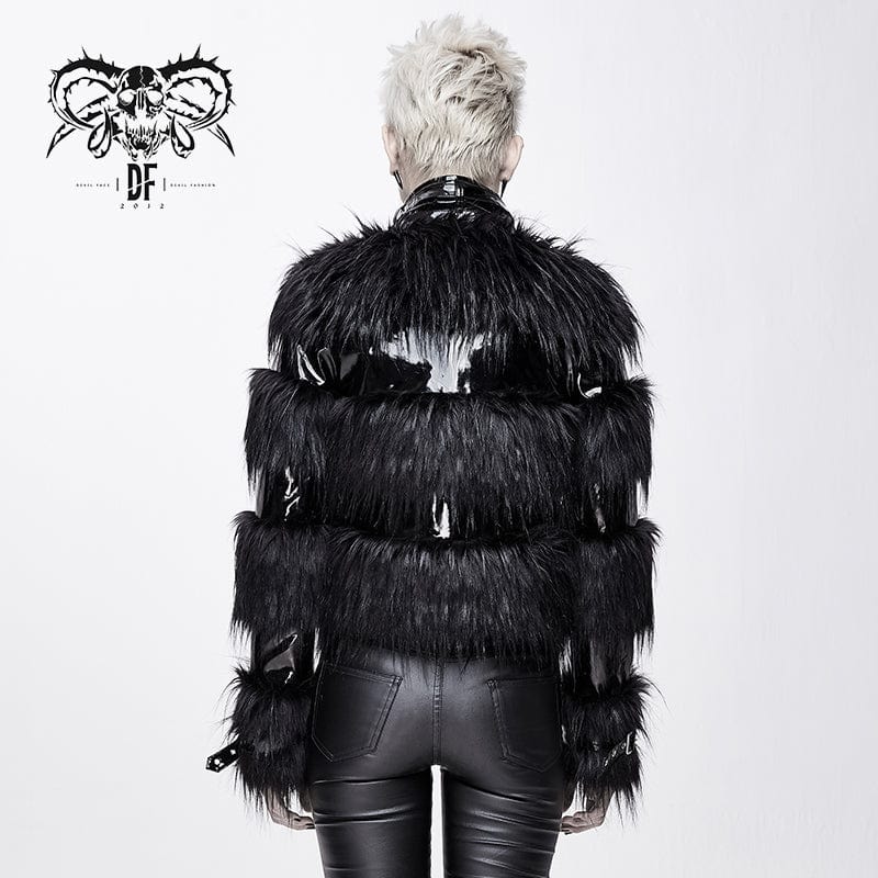 Devil Fashion Women's High Neck Belts Fluffy Pu Jackets