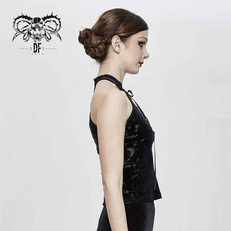 DEVIL FASHION Women's Lace-up Sheer Constellation Moon Tank Tops