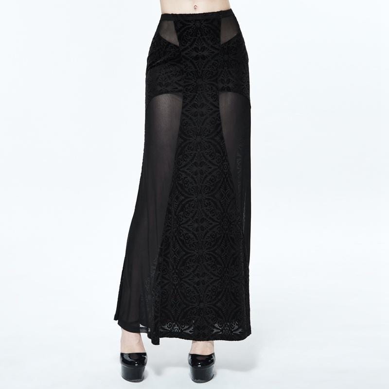 DEVIL FASHION Women's Long Punk Skirt With Sheer Net Panels