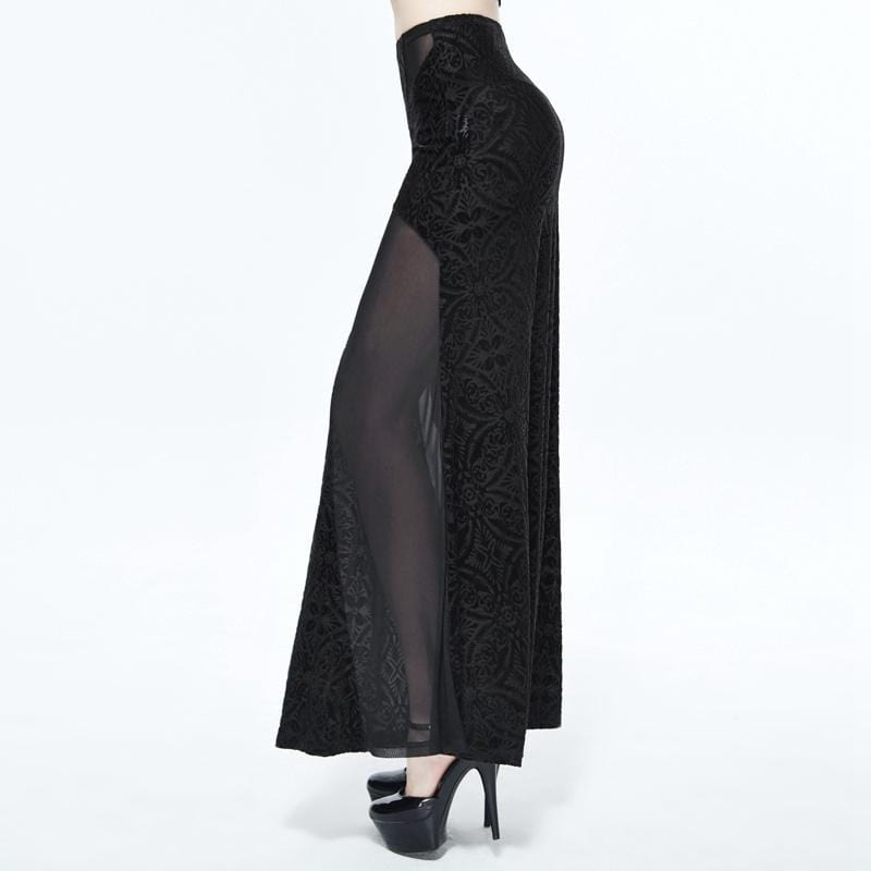 DEVIL FASHION Women's Long Punk Skirt With Sheer Net Panels
