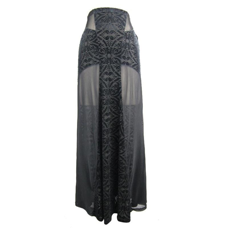 DEVIL FASHION Women's Long Punk Skirt With Sheer Net Panels