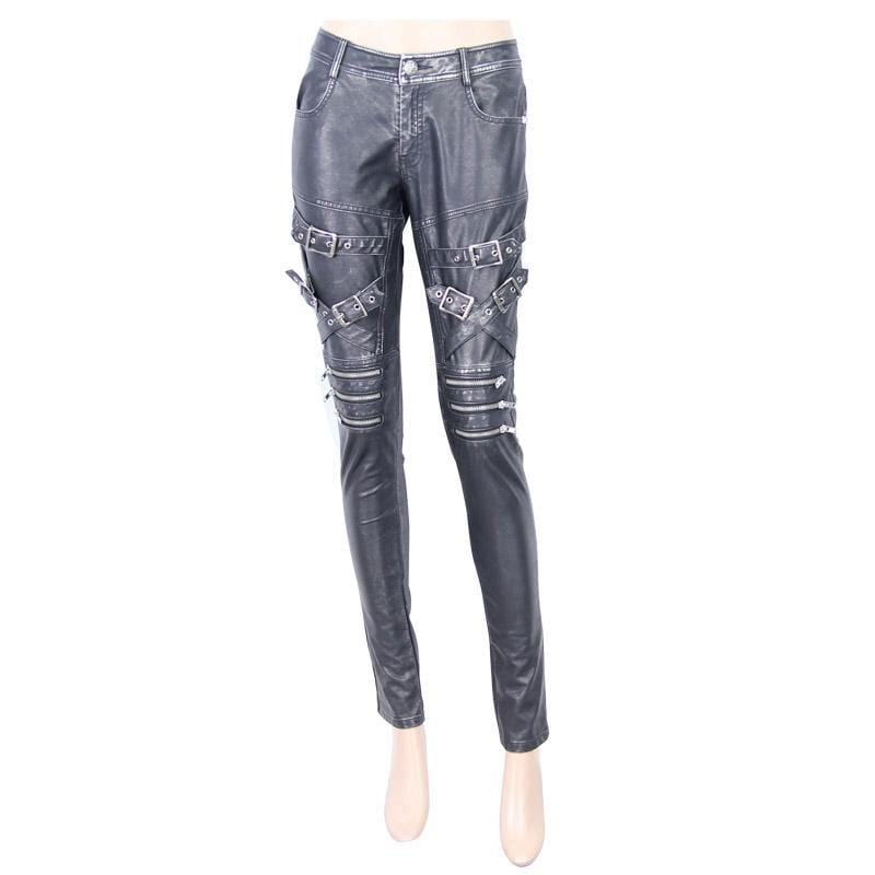 DEVIL FASHION Women's Low Rise Skinny Leather Punk Trousers