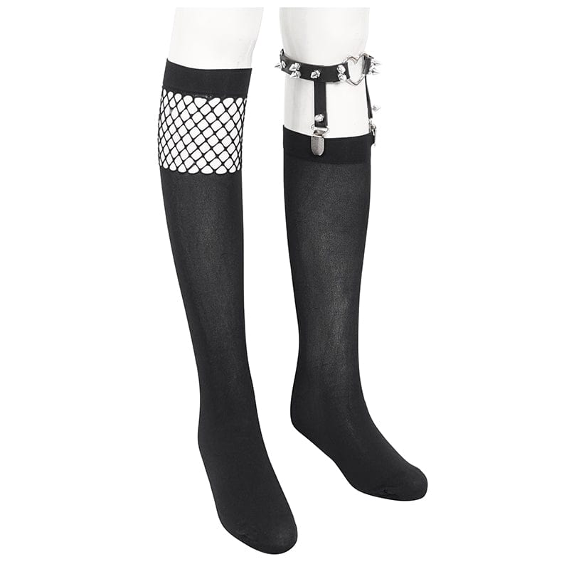 DEVIL FASHION Women's Punk Asymmetrical Mesh Splice Socks with Garter