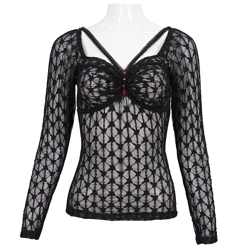 DEVIL FASHION Women's Punk Beaded Sheer Mesh Shirt