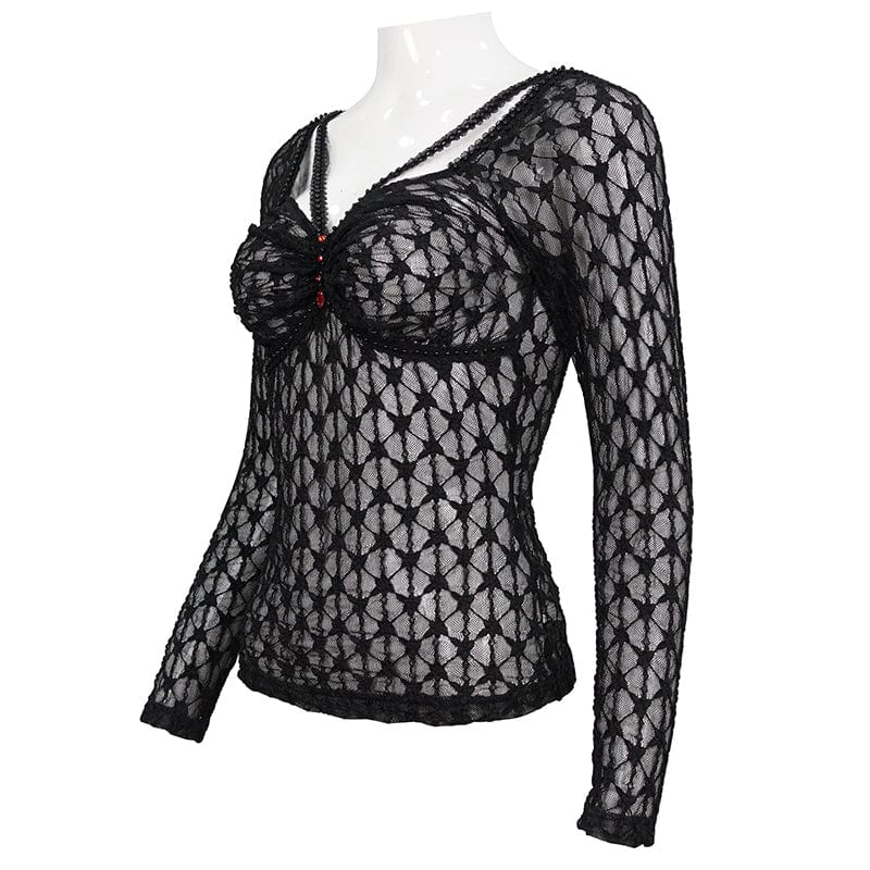 DEVIL FASHION Women's Punk Beaded Sheer Mesh Shirt