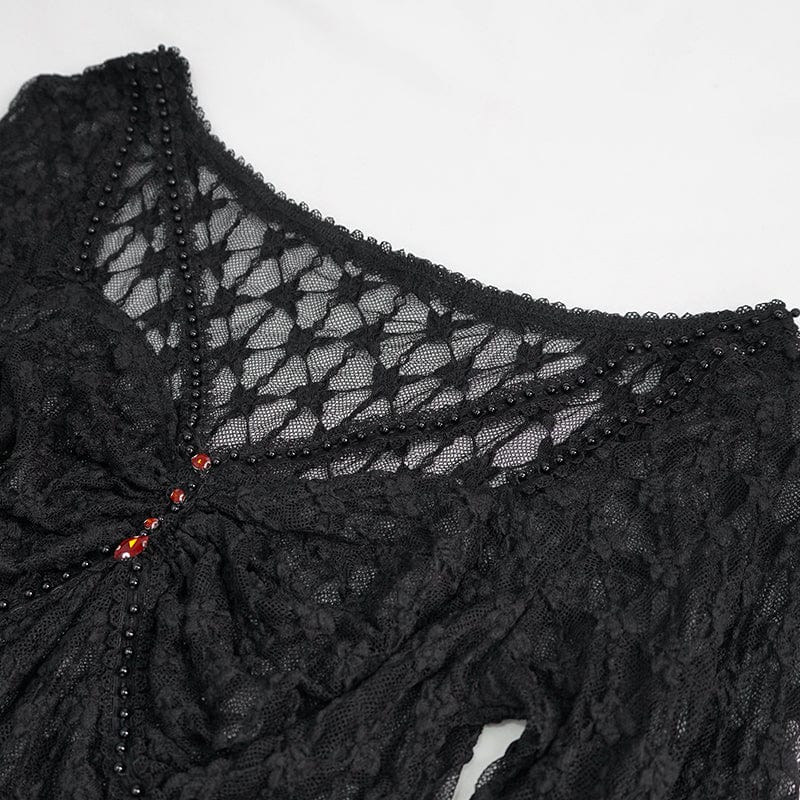 DEVIL FASHION Women's Punk Beaded Sheer Mesh Shirt