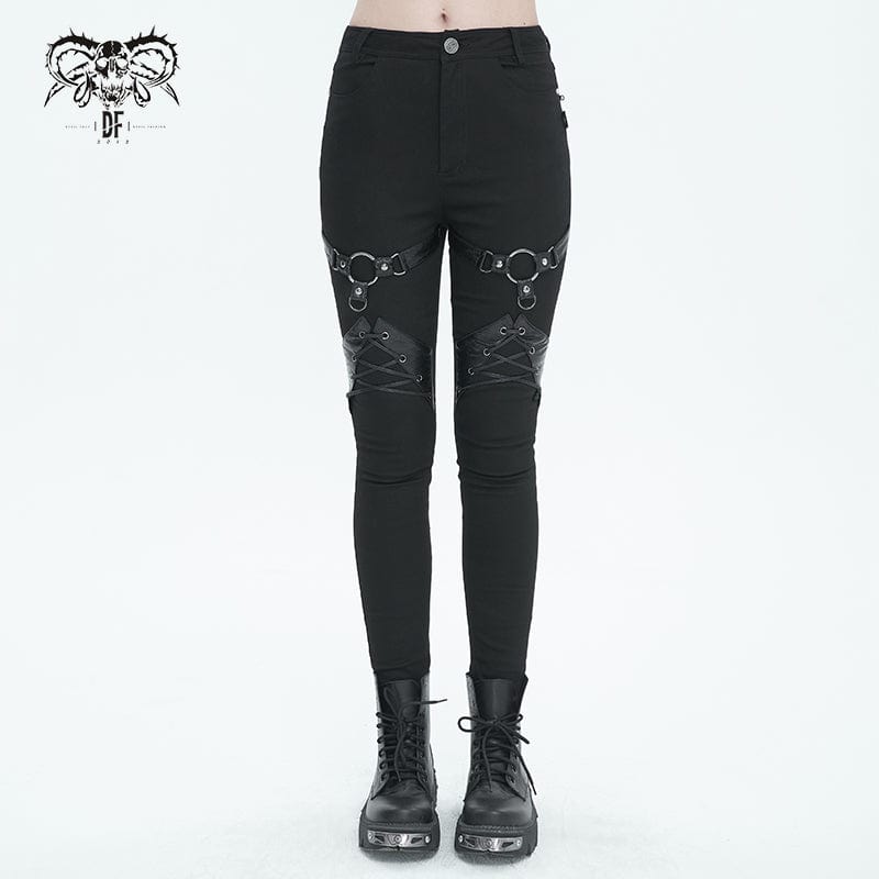 DEVIL FASHION Women's Punk Buckle Splice Skinny Pants