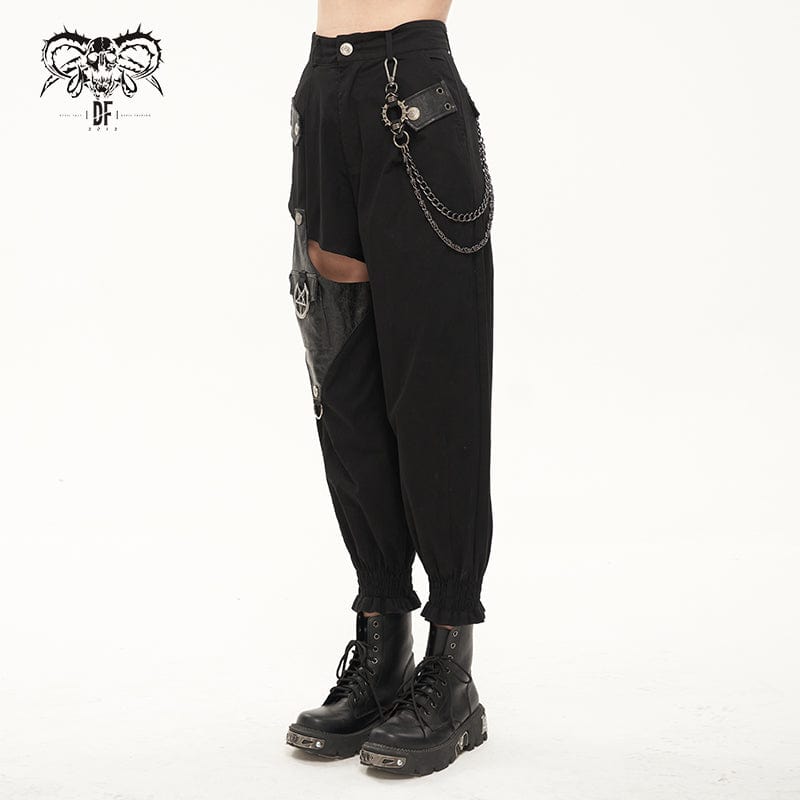 DEVIL FASHION Women's Punk Cutout Faux Leather Splice Jogger Pants with Chain