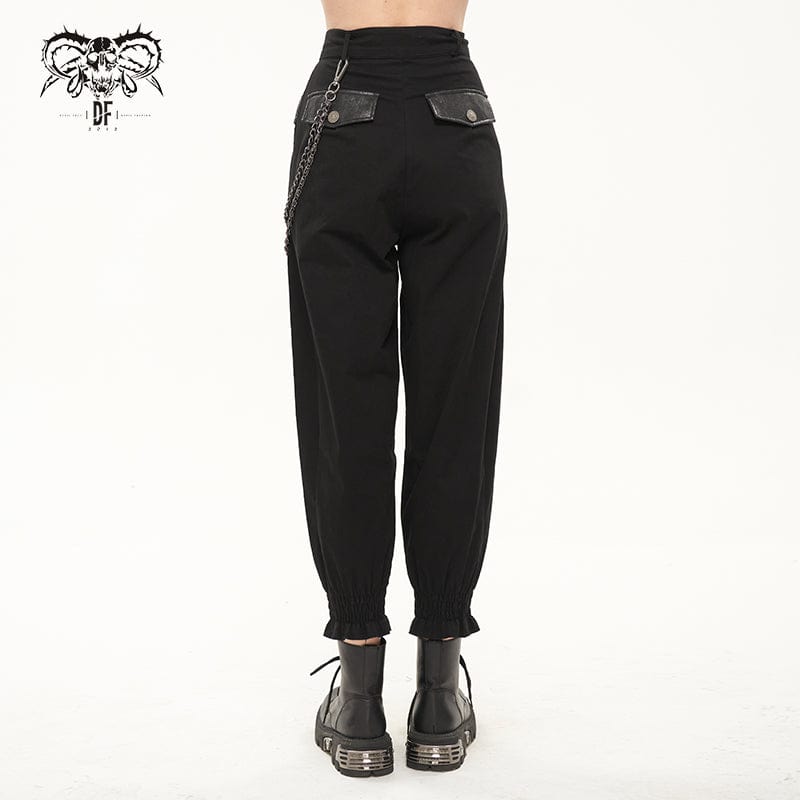 DEVIL FASHION Women's Punk Cutout Faux Leather Splice Jogger Pants with Chain