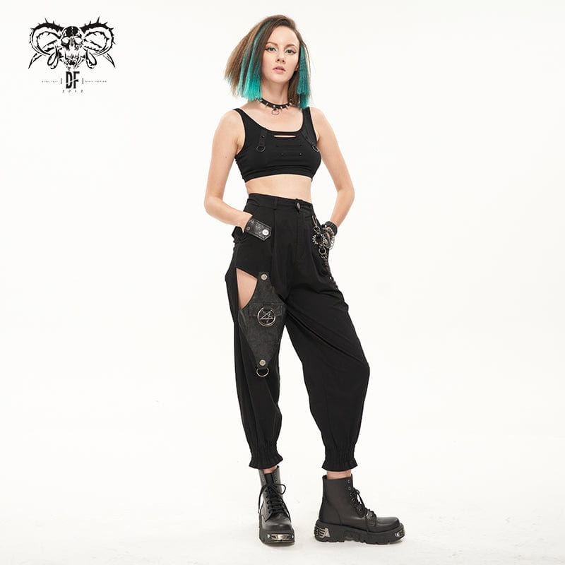 DEVIL FASHION Women's Punk Cutout Faux Leather Splice Jogger Pants with Chain