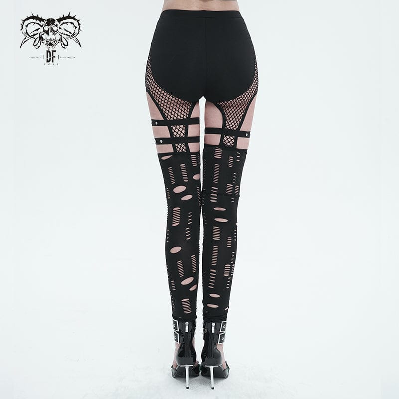 DEVIL FASHION Women's Punk Cutout Mesh Splice Leggings