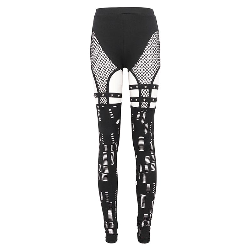 DEVIL FASHION Women's Punk Cutout Mesh Splice Leggings