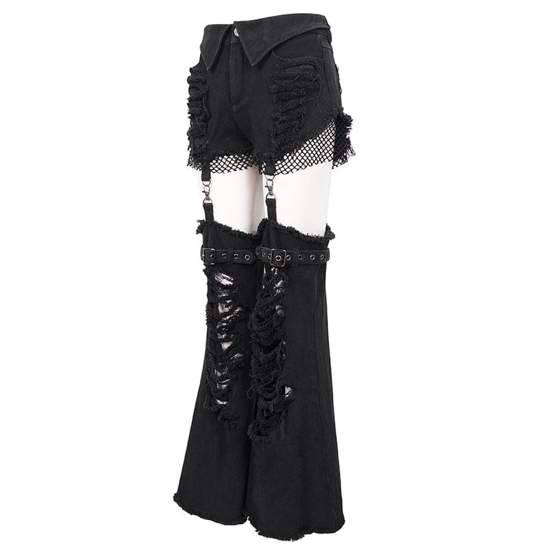 DEVIL FASHION Women's Punk Detachable Mesh Splice Ripped Pants