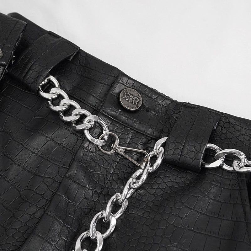 DEVIL FASHION Women's Punk Faux Leather Ankle Banded Pants With Metal Chain