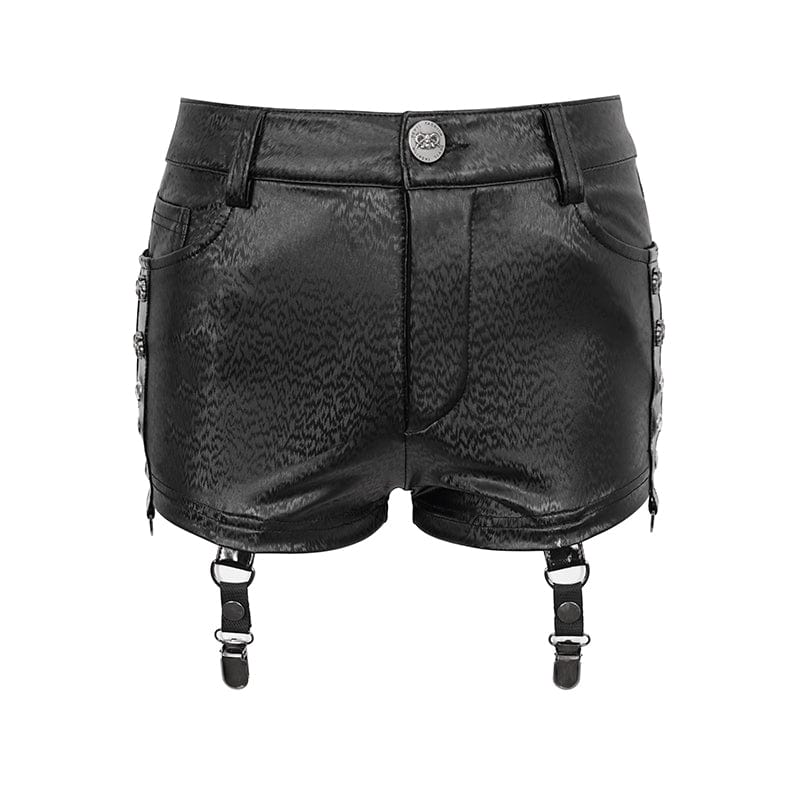 DEVIL FASHION Women's Punk Faux Leather Shorts with Mesh Leg Sleeves