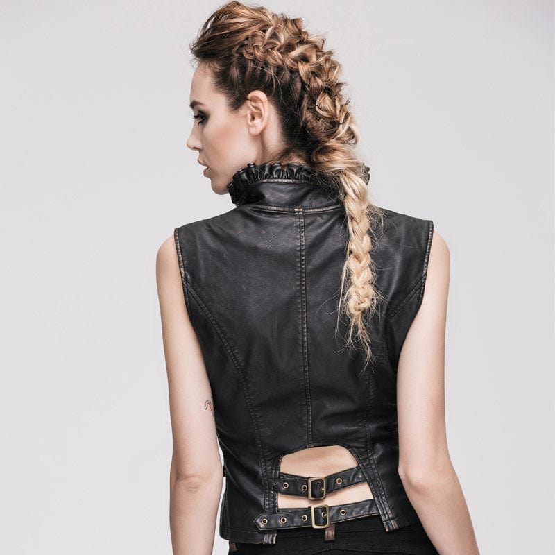DEVIL FASHION Women's Punk Faux Leather Waistcoat With Leather Frills