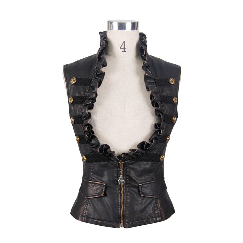 DEVIL FASHION Women's Punk Faux Leather Waistcoat With Leather Frills