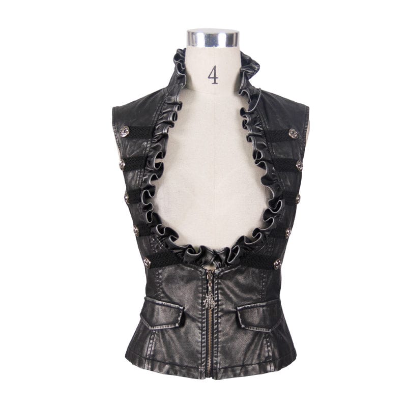 DEVIL FASHION Women's Punk Faux Leather Waistcoat With Leather Frills