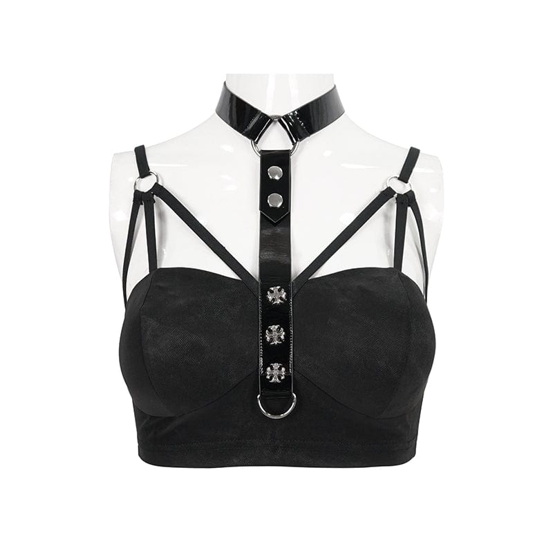 DEVIL FASHION Women's Punk Faux Patent Leather Splice Halter Bustier
