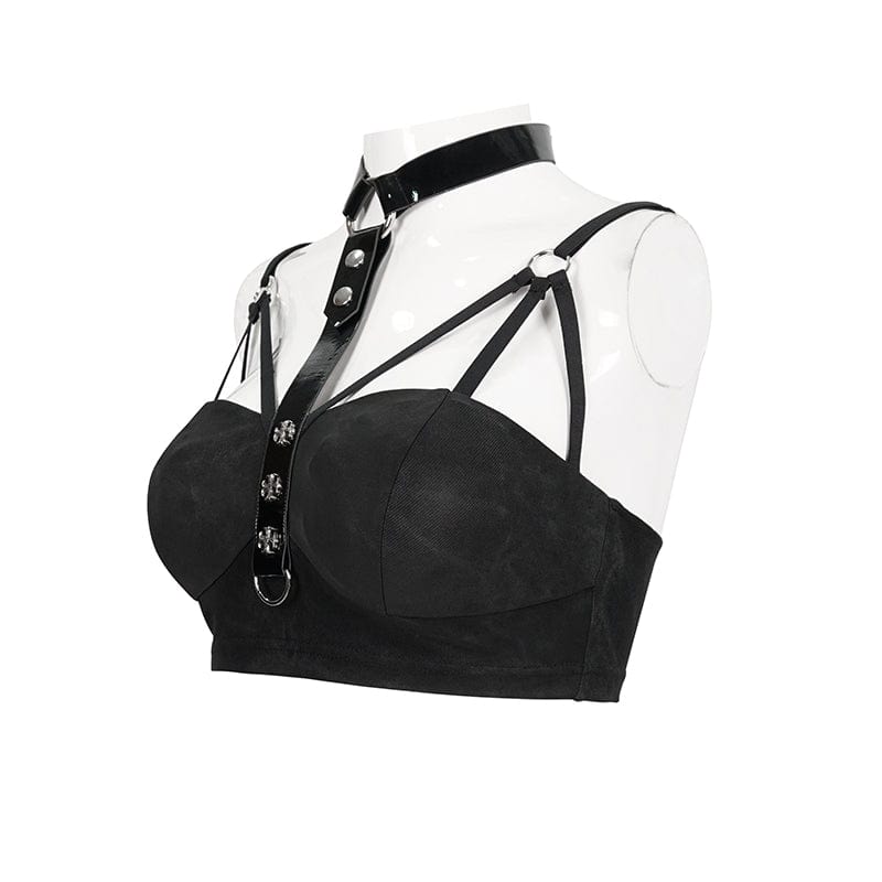 DEVIL FASHION Women's Punk Faux Patent Leather Splice Halter Bustier