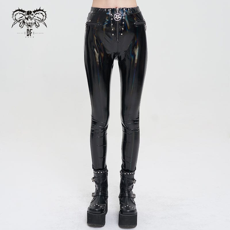 DEVIL FASHION Women's Punk Faux Patent Leather Star Zipper Leggings