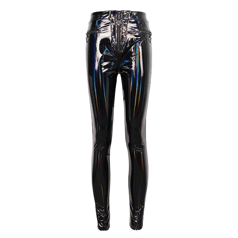 DEVIL FASHION Women's Punk Faux Patent Leather Star Zipper Leggings