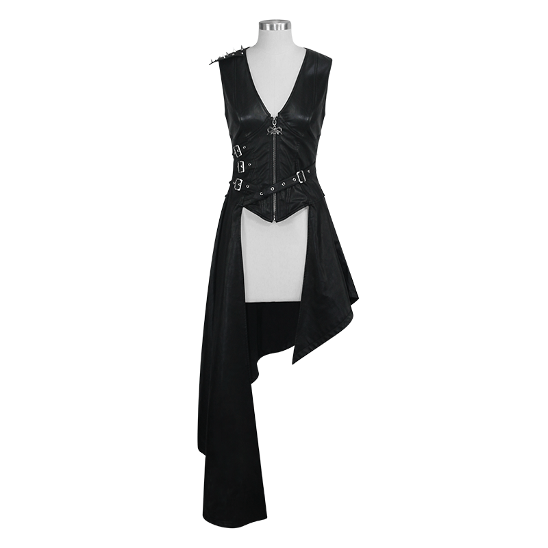 DEVIL FASHION Women's Punk Irregular Hem Faux Leather Waistcoat