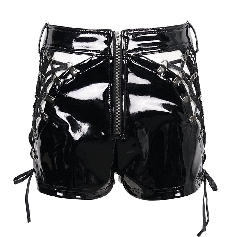 DEVIL FASHION Women's Punk Mesh Splice Patent Leather Shorts