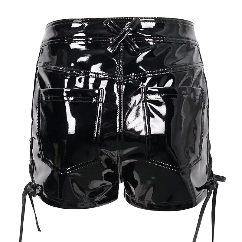 DEVIL FASHION Women's Punk Mesh Splice Patent Leather Shorts
