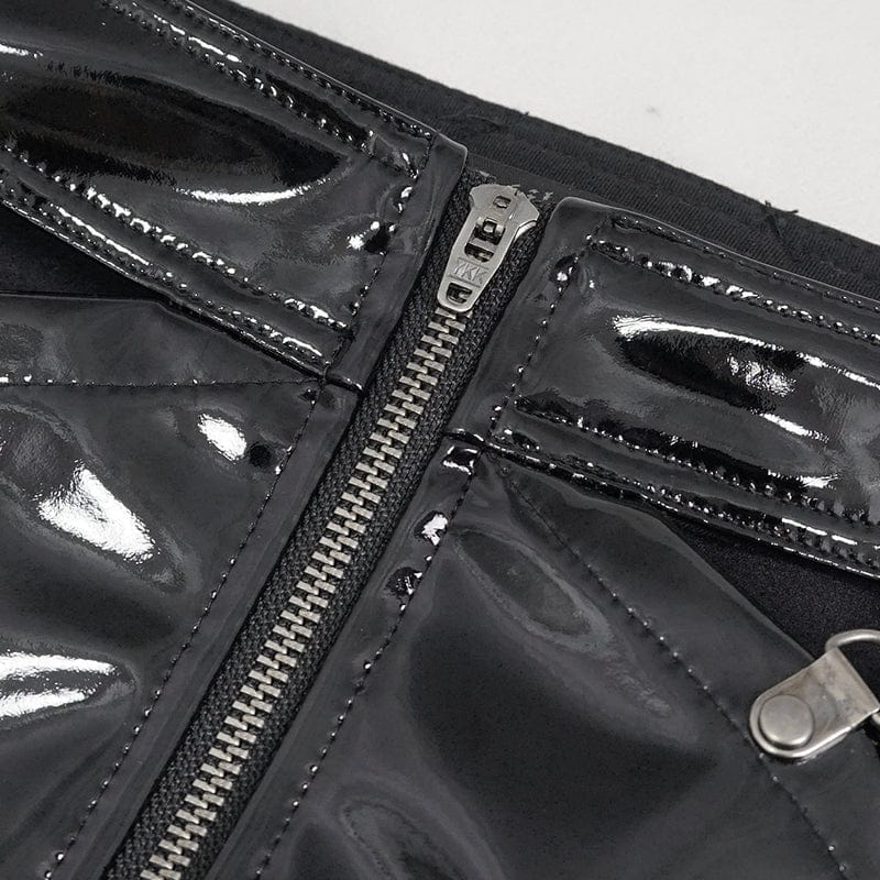 DEVIL FASHION Women's Punk Mesh Splice Patent Leather Shorts