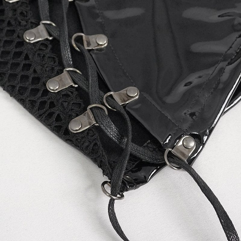 DEVIL FASHION Women's Punk Mesh Splice Patent Leather Shorts