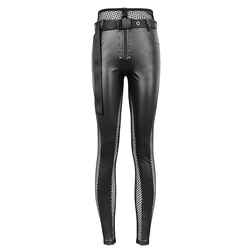 DEVIL FASHION Women's Punk Mesh Splice Rivets Leggings with Belt