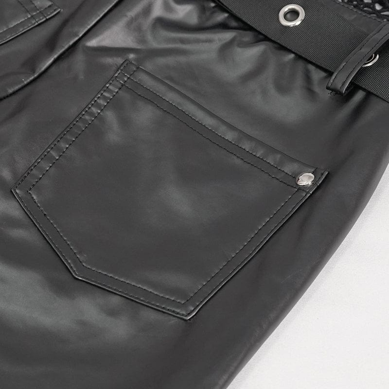 DEVIL FASHION Women's Punk Mesh Splice Rivets Leggings with Belt