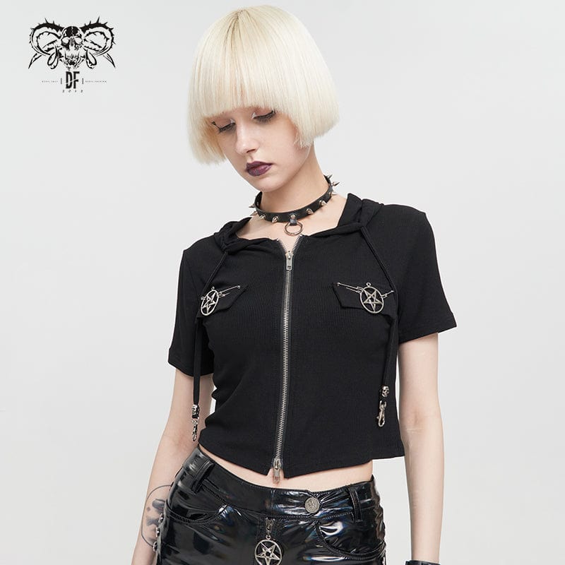 DEVIL FASHION Women's Punk Metal Star Double Zipper Short Sleeved Crop Top