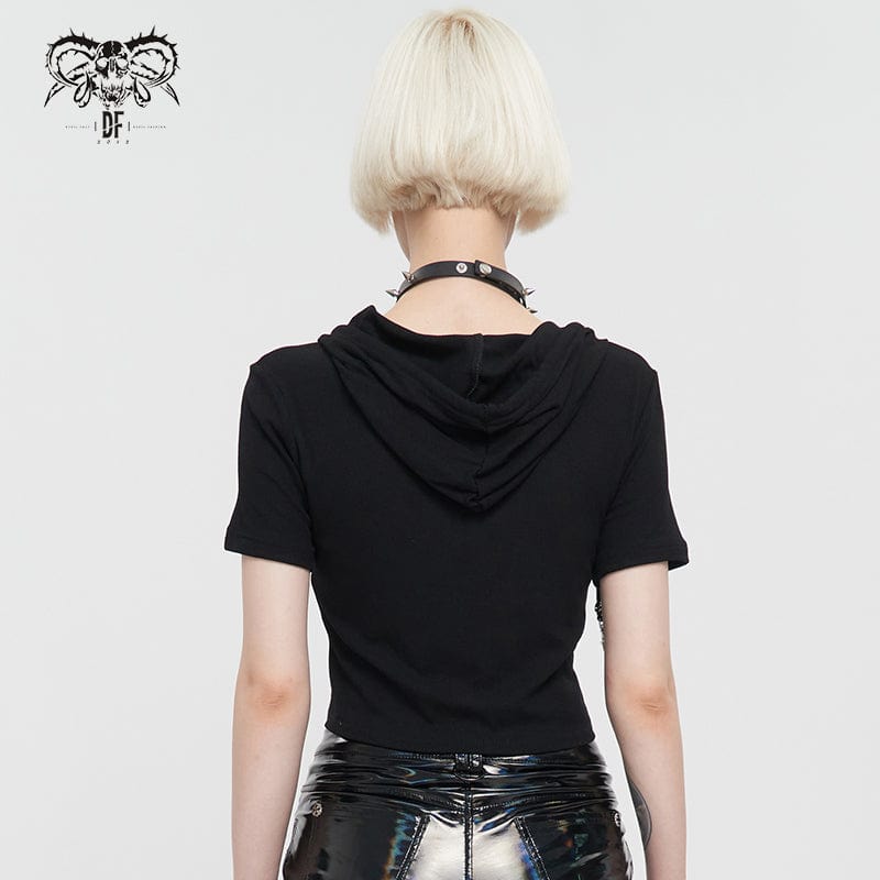 DEVIL FASHION Women's Punk Metal Star Double Zipper Short Sleeved Crop Top