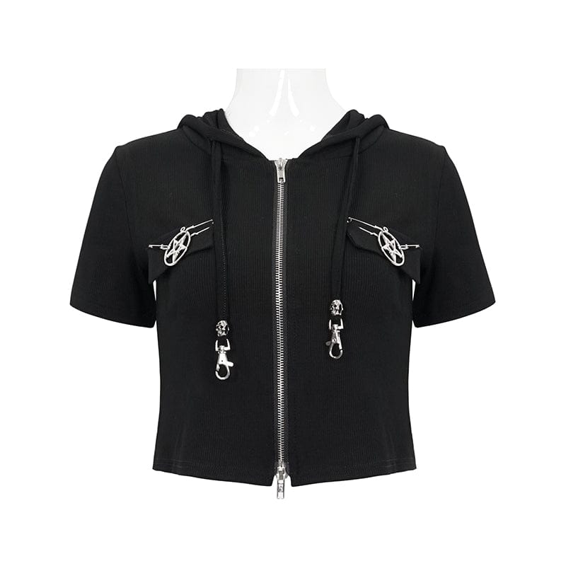 DEVIL FASHION Women's Punk Metal Star Double Zipper Short Sleeved Crop Top