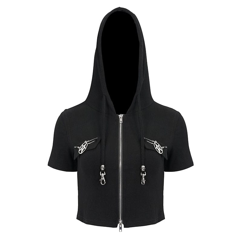 DEVIL FASHION Women's Punk Metal Star Double Zipper Short Sleeved Crop Top