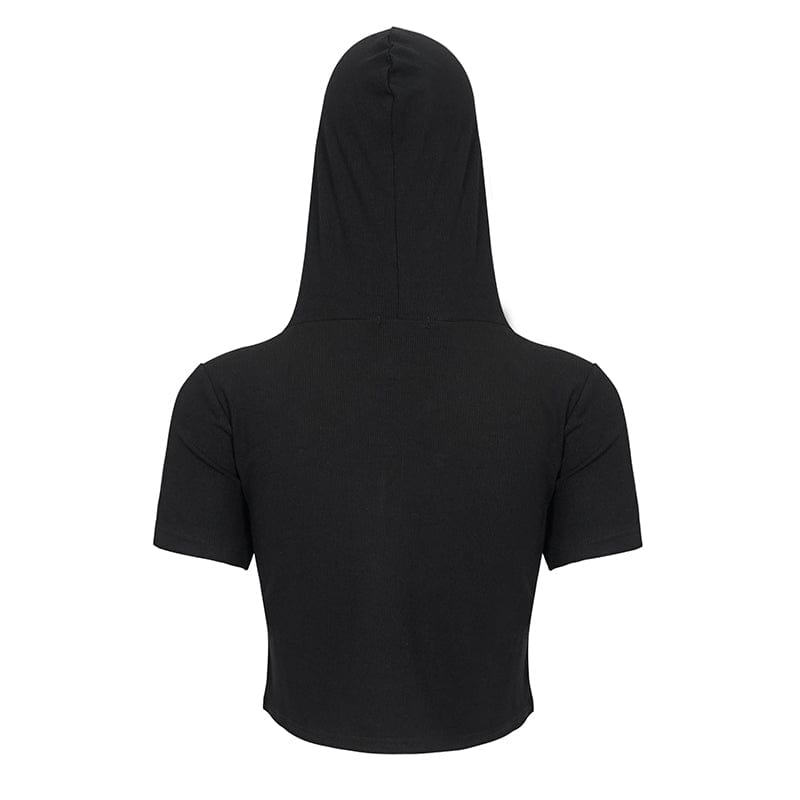 DEVIL FASHION Women's Punk Metal Star Double Zipper Short Sleeved Crop Top