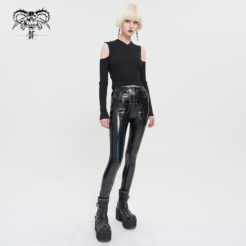 DEVIL FASHION Women's Punk Off Shoulder Cutout Knitted Long Sleeved Crop Top